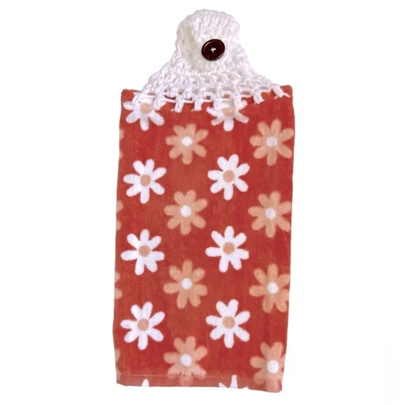 HAND CRAFTED Crocheted Top Colorful Floral Hanging Kitchen or Bathroom Towel - Picture 5 of 8